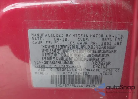 2018 Nissan Sentra Sv from USA, damaged, VIN 3N1AB7AP6JL642409